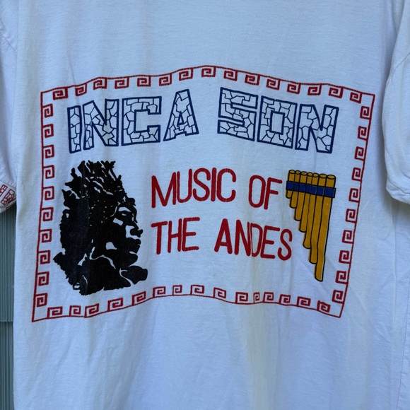 Vintage White Ringer Tee, Music of the Andes Shirt, Peru, M/L - Picture 2 of 9